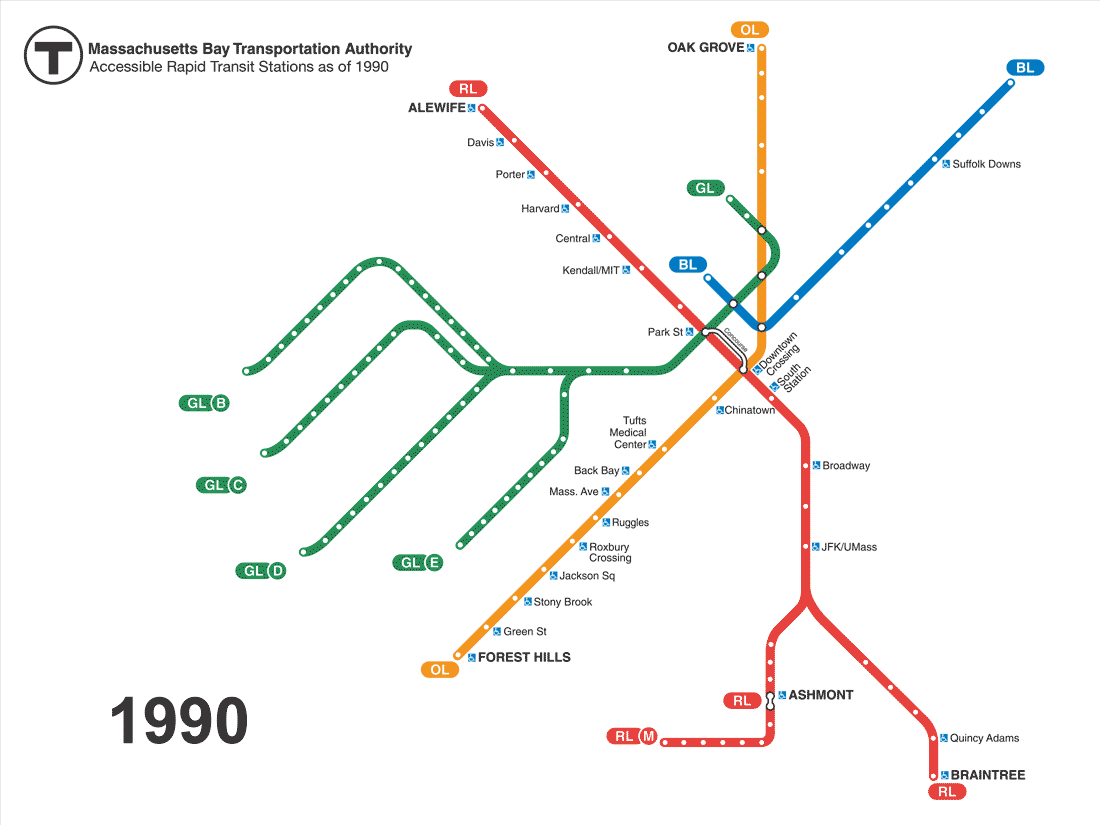 A map of accessible rapid transit stations as of 1990. The map transitions from 1990 to 2006 and then to 2022, showing an increase in the number of accessible rapid transit stations. Today, the blue line, red line, Mattapan trolley, orange line, silver lines 1, 2, 3, 4, and 5, green line, and green lines B, C, D, and E have accessible stations.