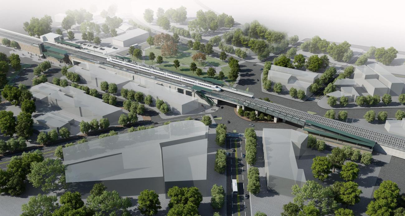 A rendering shows what Winchester Center station will look like after accessibility improvements, as viewed from the outbound side