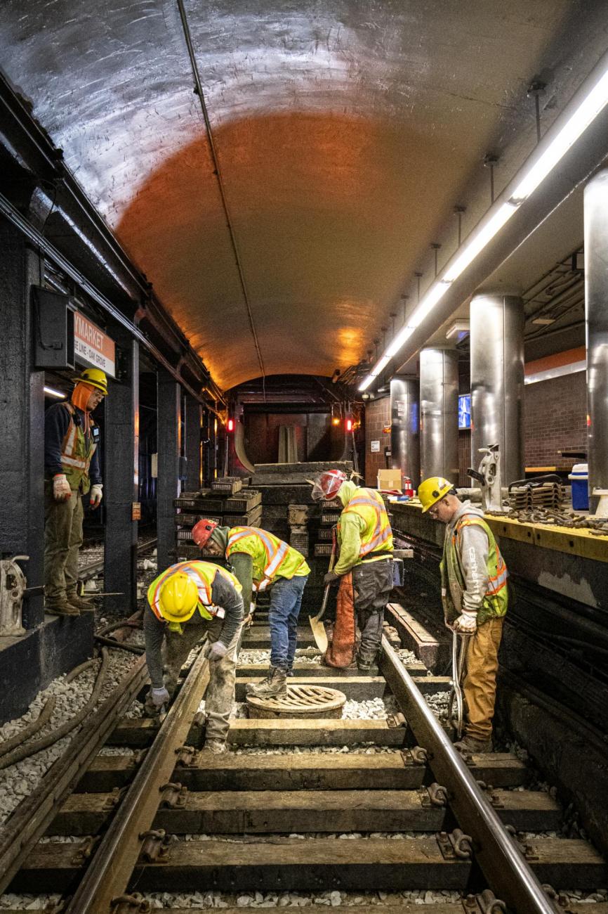 A crew replaces rail ties at Haymarket as part of the final Orange Line weekend shutdown of winter 2020
