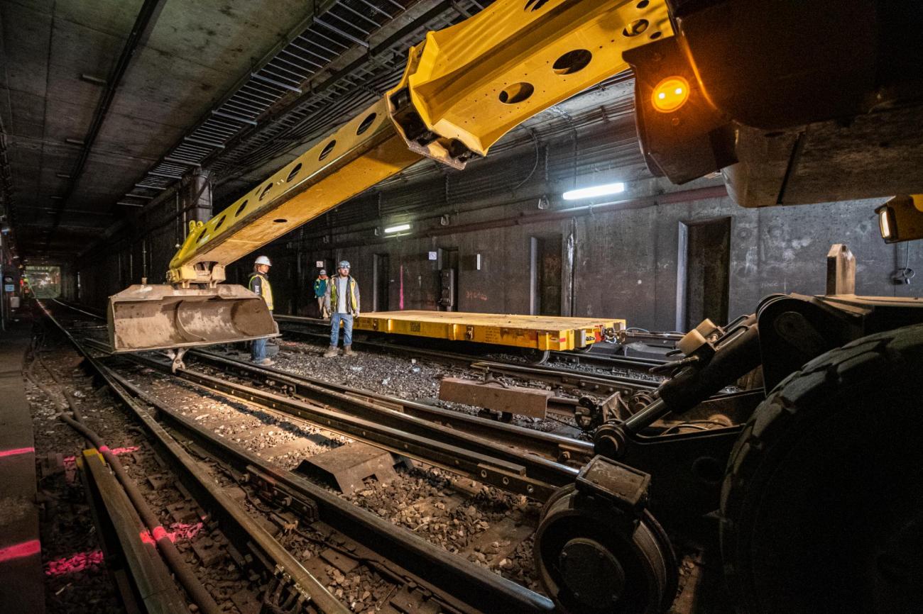 Crew members bring in replacement rail at North Station during the February 7 – 9, 2020, Orange Line weekend shutdown