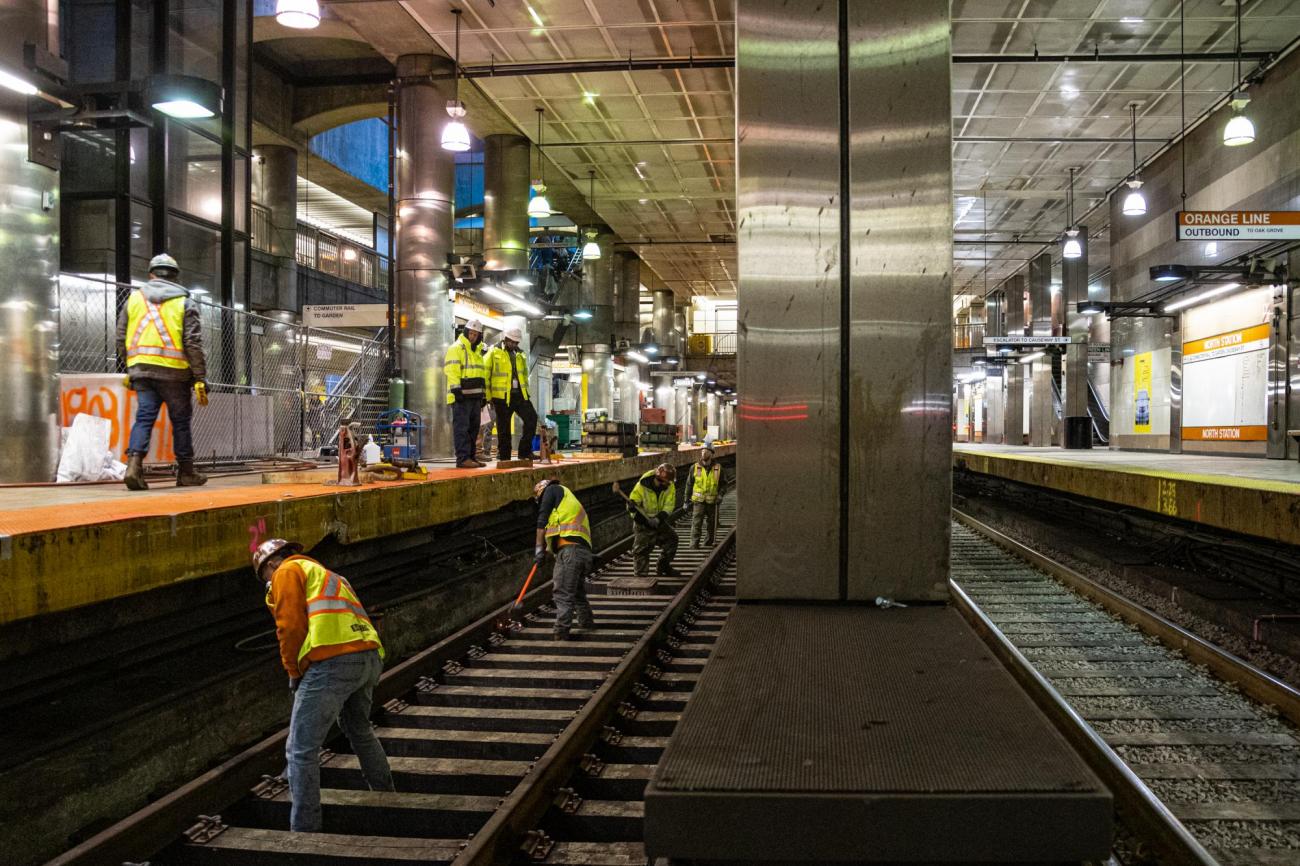 Crew members prep North Station's southbound side for track replacement during the February 7 – 9, 2020, Orange Line weekend shutdown