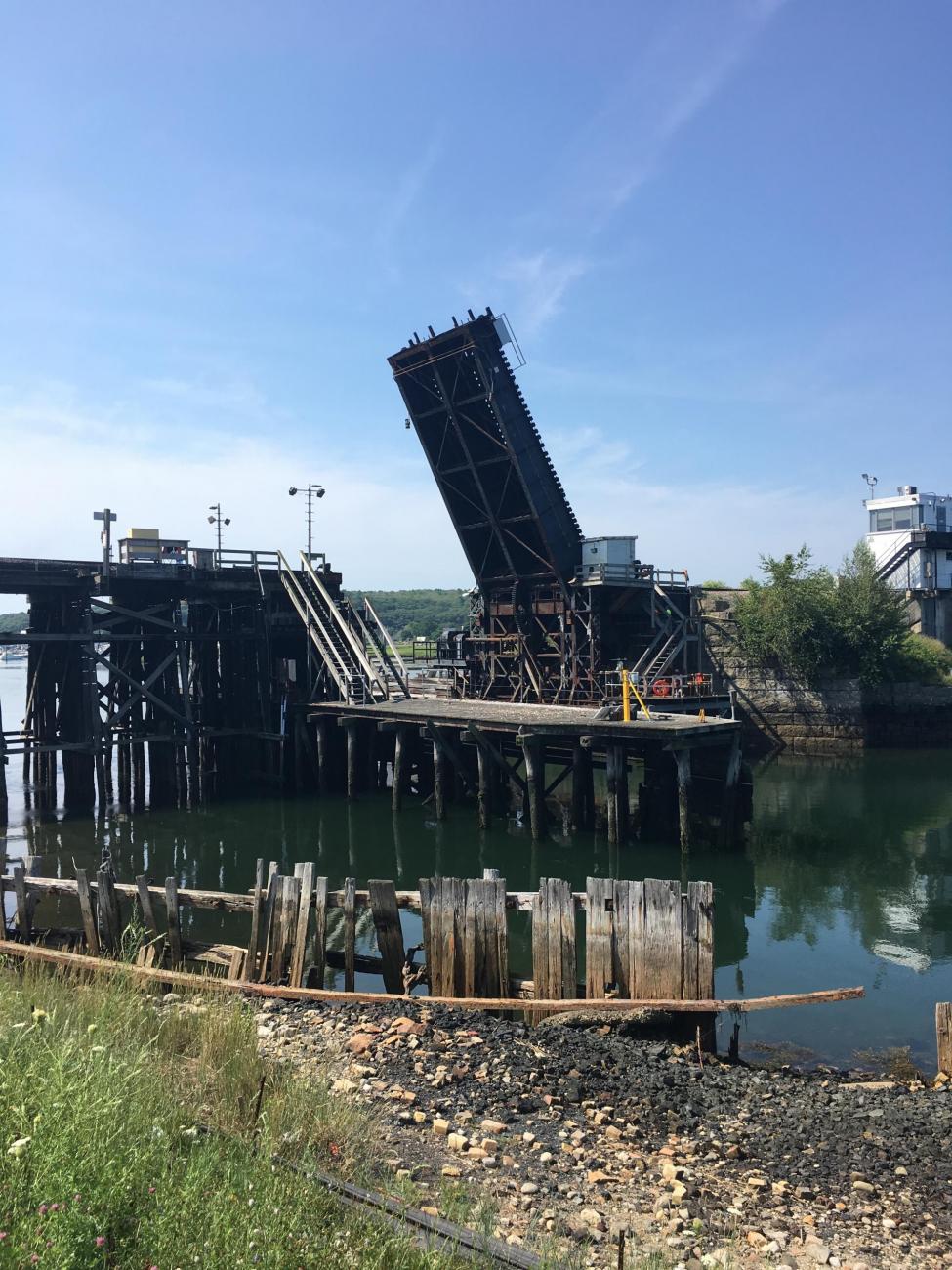 View of the raised Gloucester drawbridge on a clear day prior to the start of construction. 