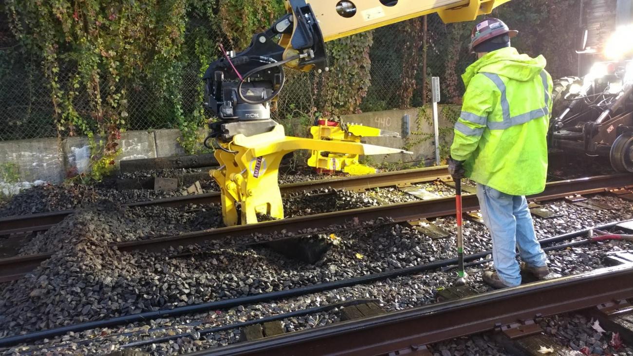 Removing ties along the tracks of the Green Line D branch (November 2018)