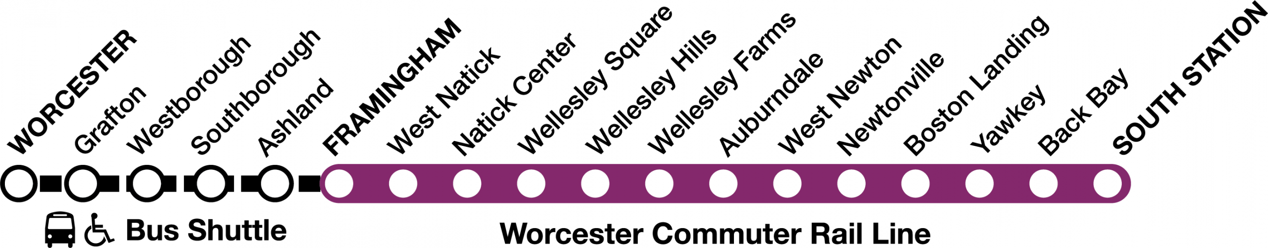 For weekends May 26 to June 17, bus shuttles replace train service between Worcester and Framingham stations.