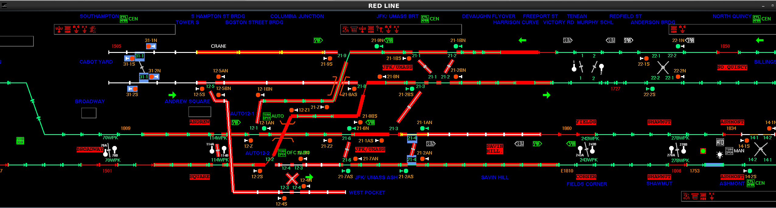 The screen at the Operations Control Center after the derailment, showing multiple areas highlighted in red, indicating code failure for signals and switches on the Red Line.