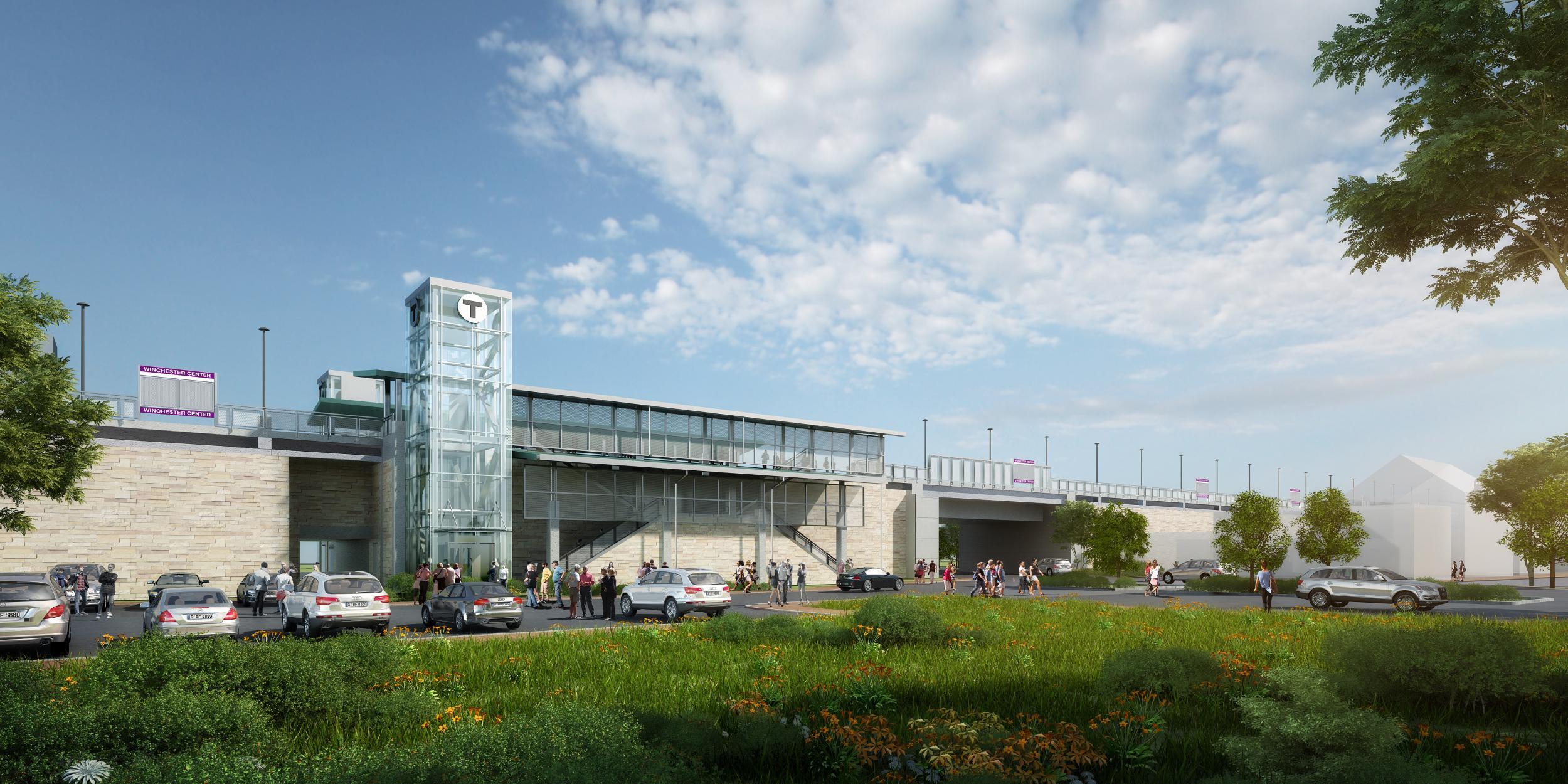 A rendering shows what Winchester Station will look like after accessibility improvements, with a new elevator, station signage, people in the parking lot, as viewed from the from the Aberjona parking lot.