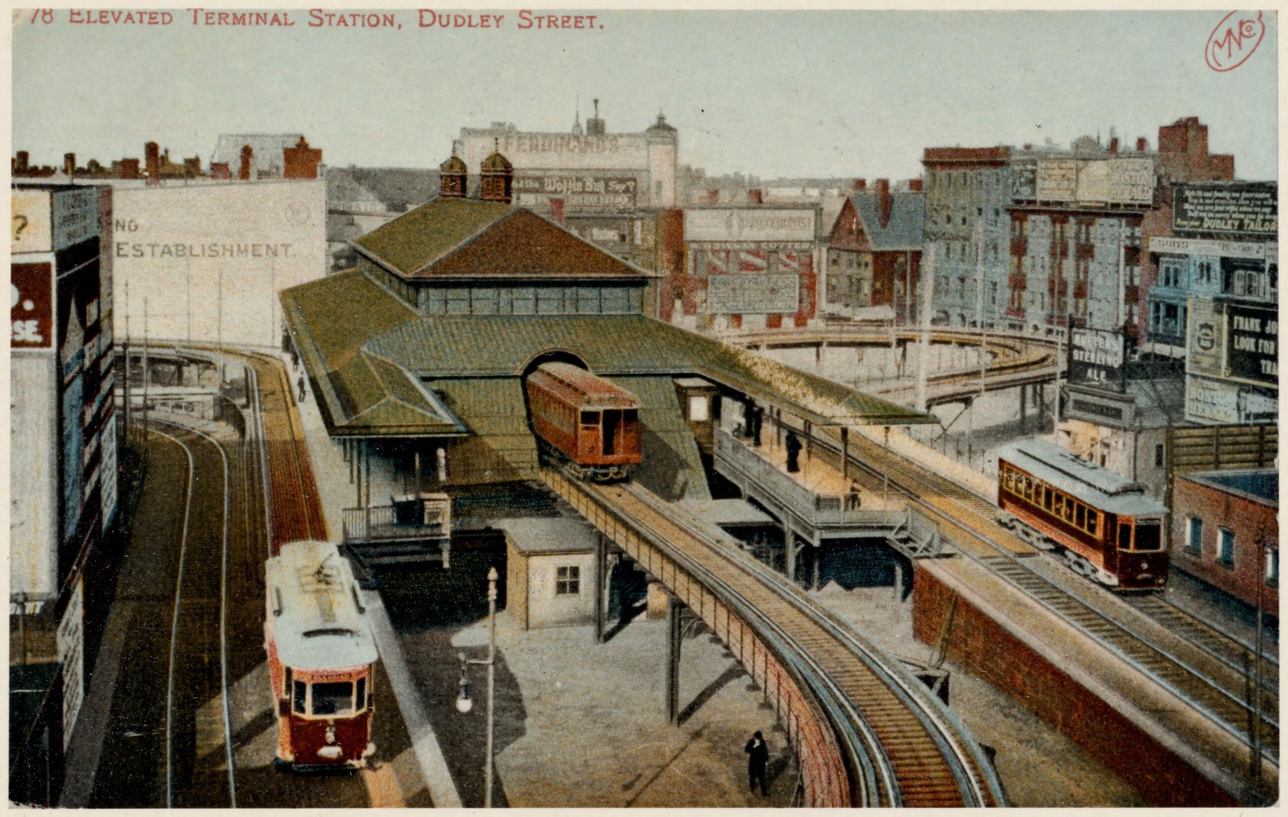 Elevated trains depart from Dudley Station. 