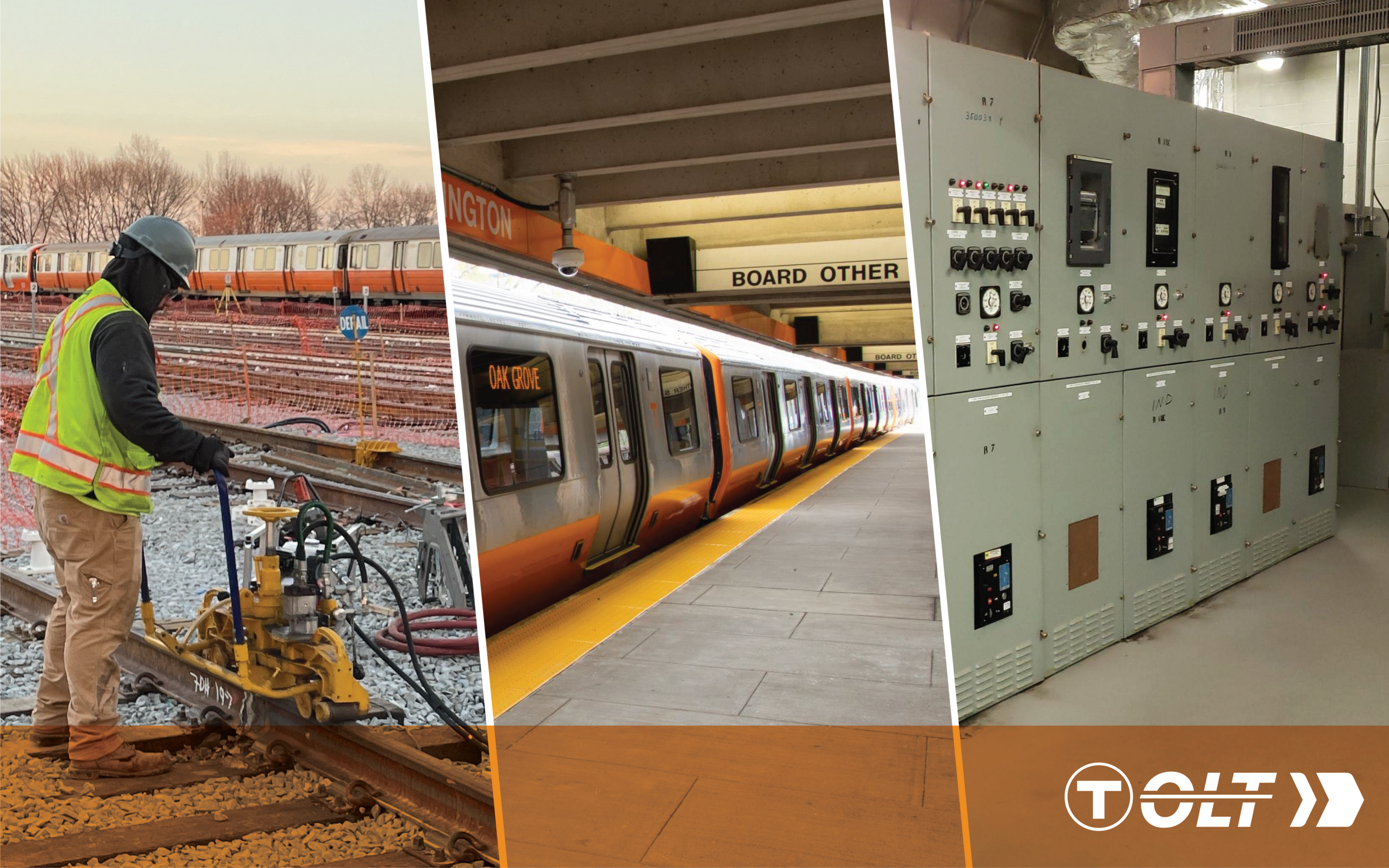 A photo of a construction worker with machinery on tracks, a photo of a new orange line train, and a photo of signal boxes, with an OLT logo banner at the bottom going across all three