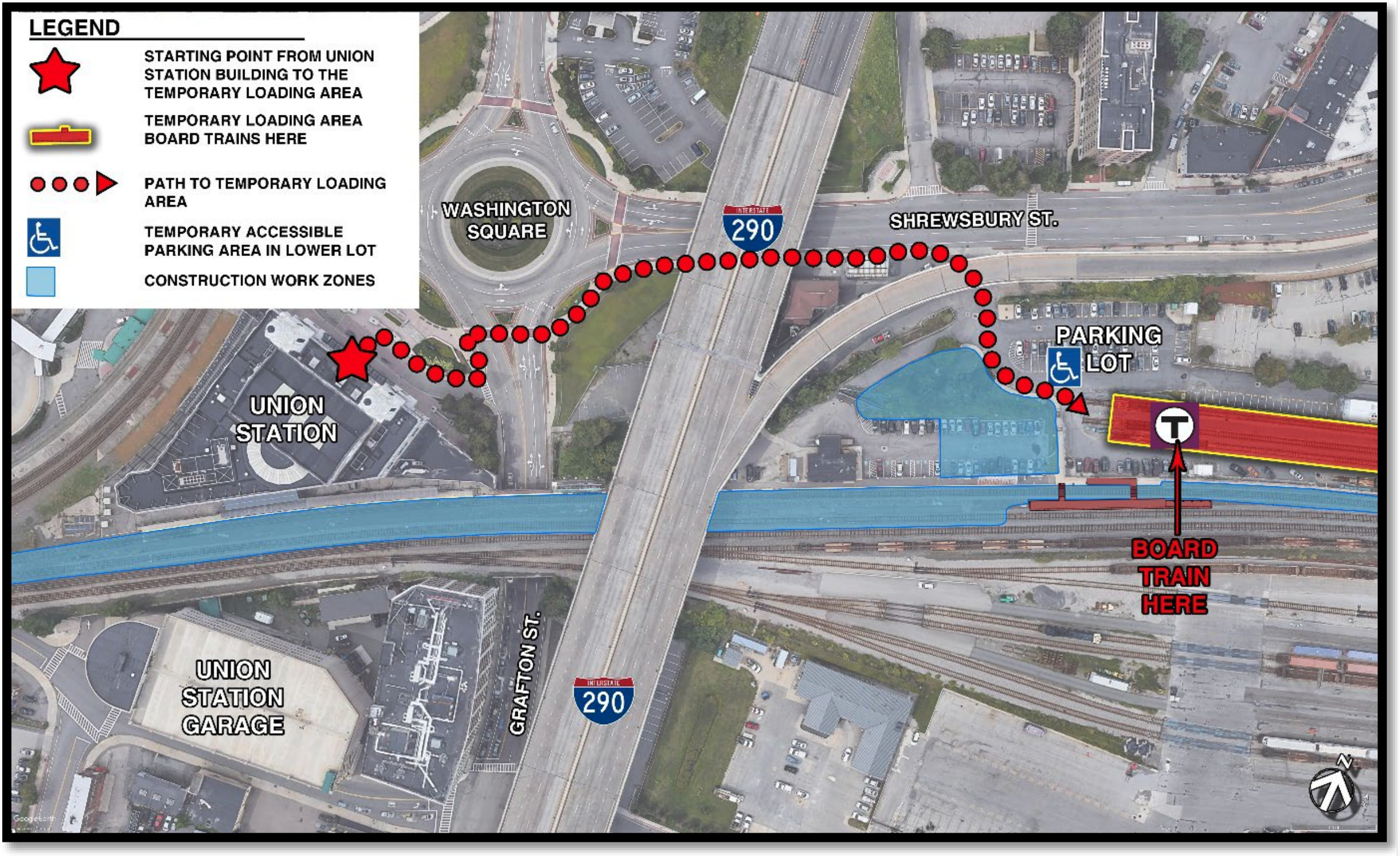 Overhead map of the Worcester Union Station area with the temporary pedestrian path from the front of the station to the temporary boarding area marked in red