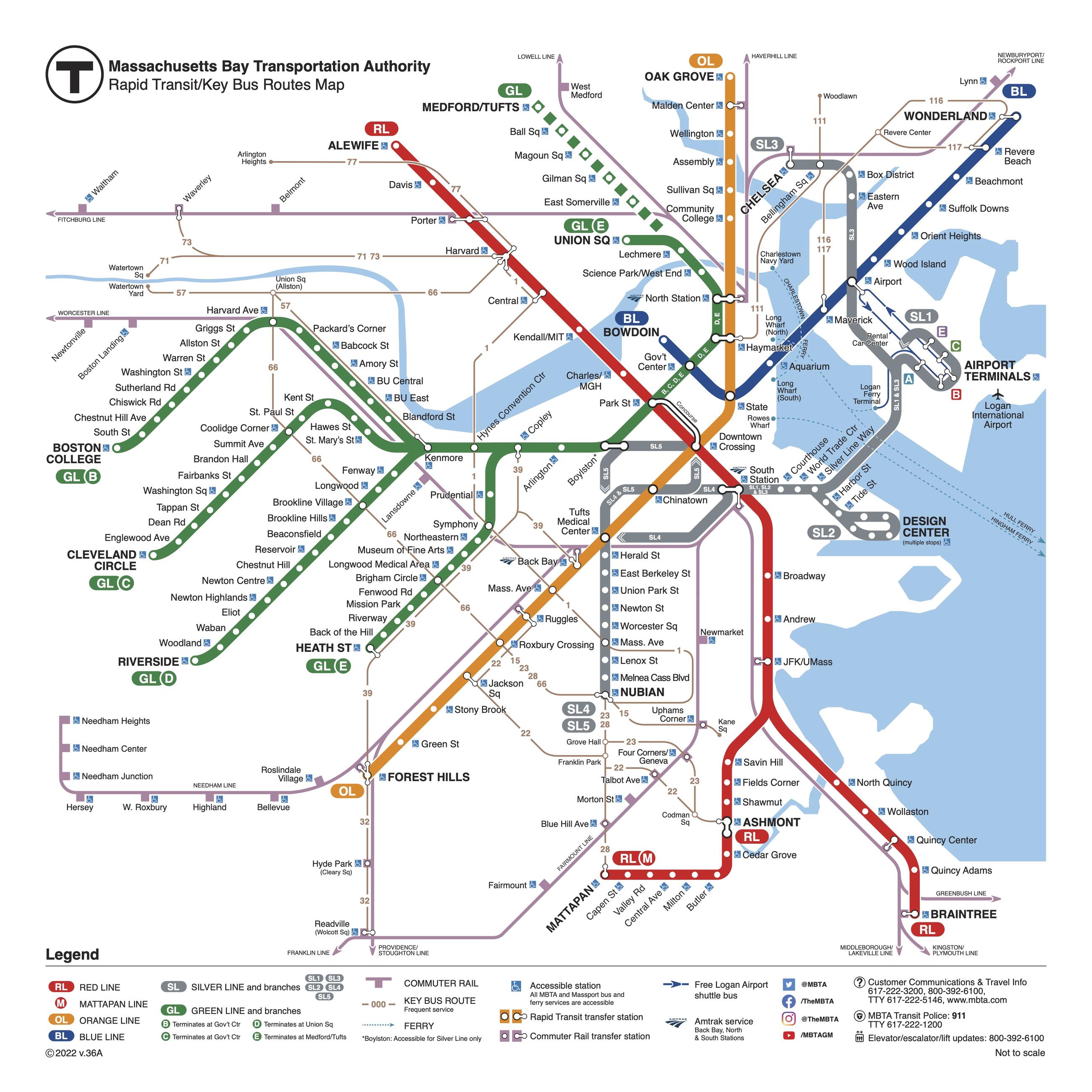 Map of all rapid transit (subway and Silver Line) and key bus routes.
