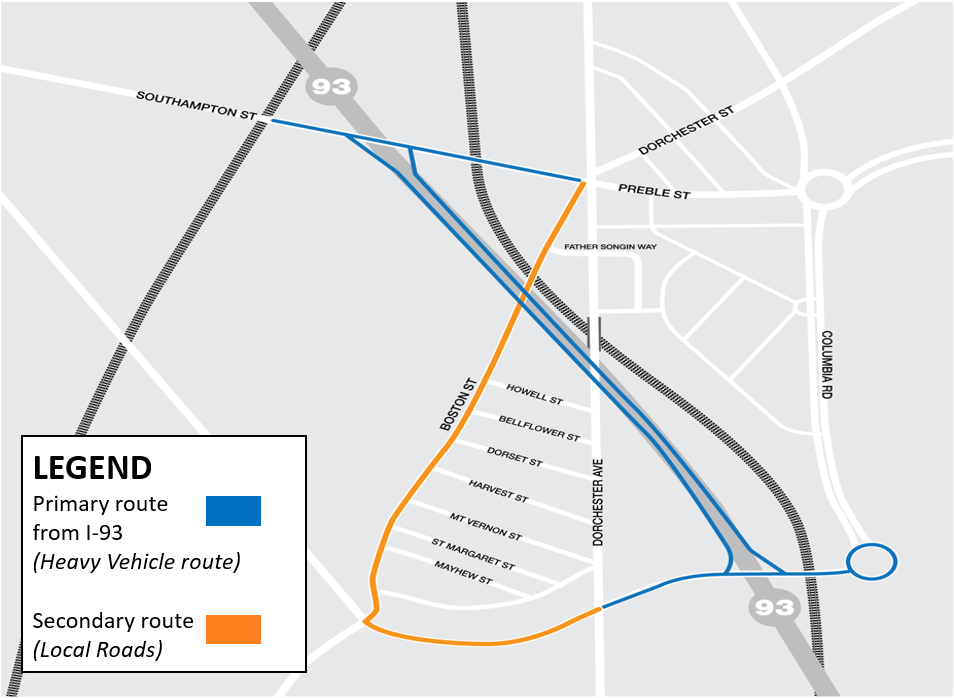 This simple line map shows a surface street detour from Southampton St to to Boston St, which curves around and crosses Dorchester Ave, avoiding the area with the bridge under construction. The map also includes a heavy-vehicle detour, which begins and ends at the same places as the surface street detour, but gets on I-93 for the middle part of the detour.