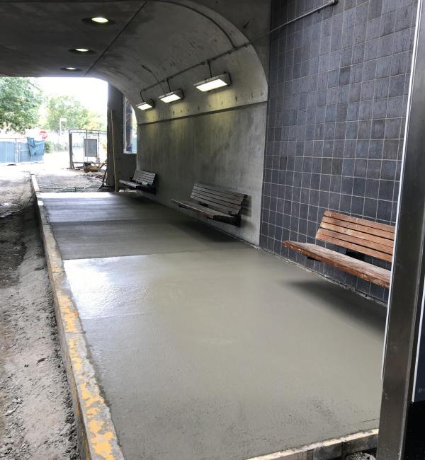 Newly poured concrete landing pads in the lower busway